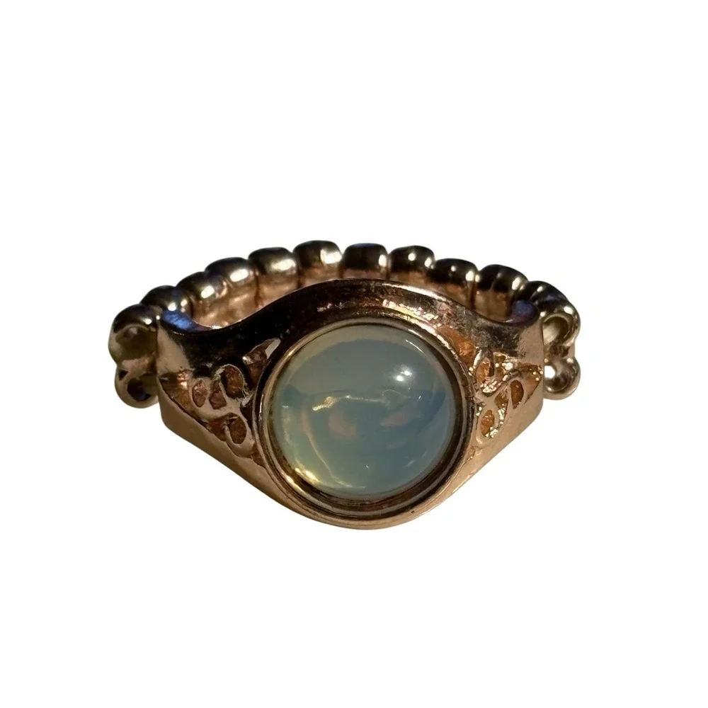 Vintage Ring Faux Opal Gold Tone Adjustable‎ Stretch Round Open Work Textured